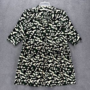 Vintage Love Shirt Dress Womens Green Beige Geometric‎ Oversized Button down